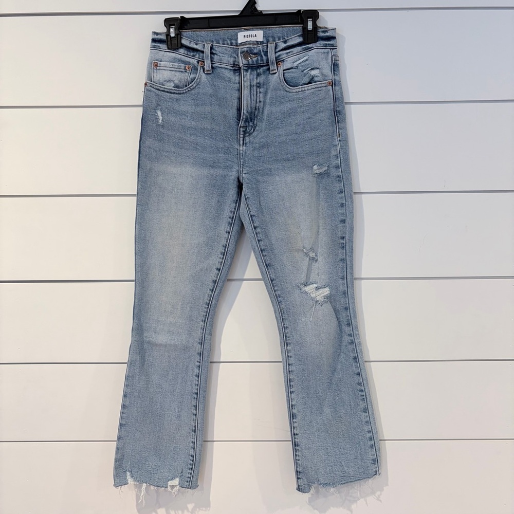 Pistola 27 Light Wash Distressed Raw Hem Straight Jeans Designer Capsule